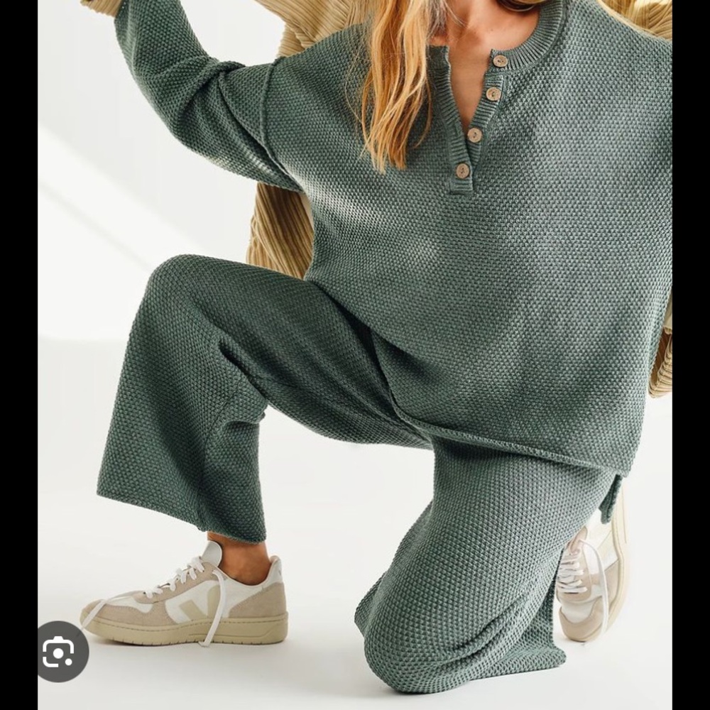 Green Waffle Knit Lounge Set